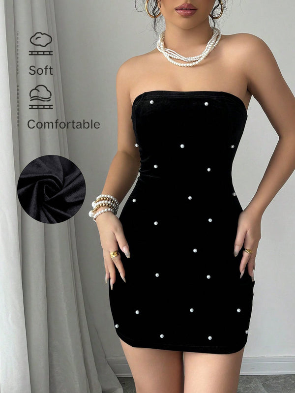 Strapless Velvet Bodycon Mini Dress with Pearl Embellishments