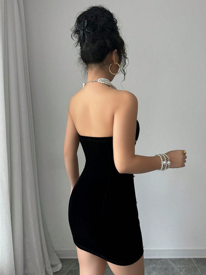 Strapless Velvet Bodycon Mini Dress with Pearl Embellishments