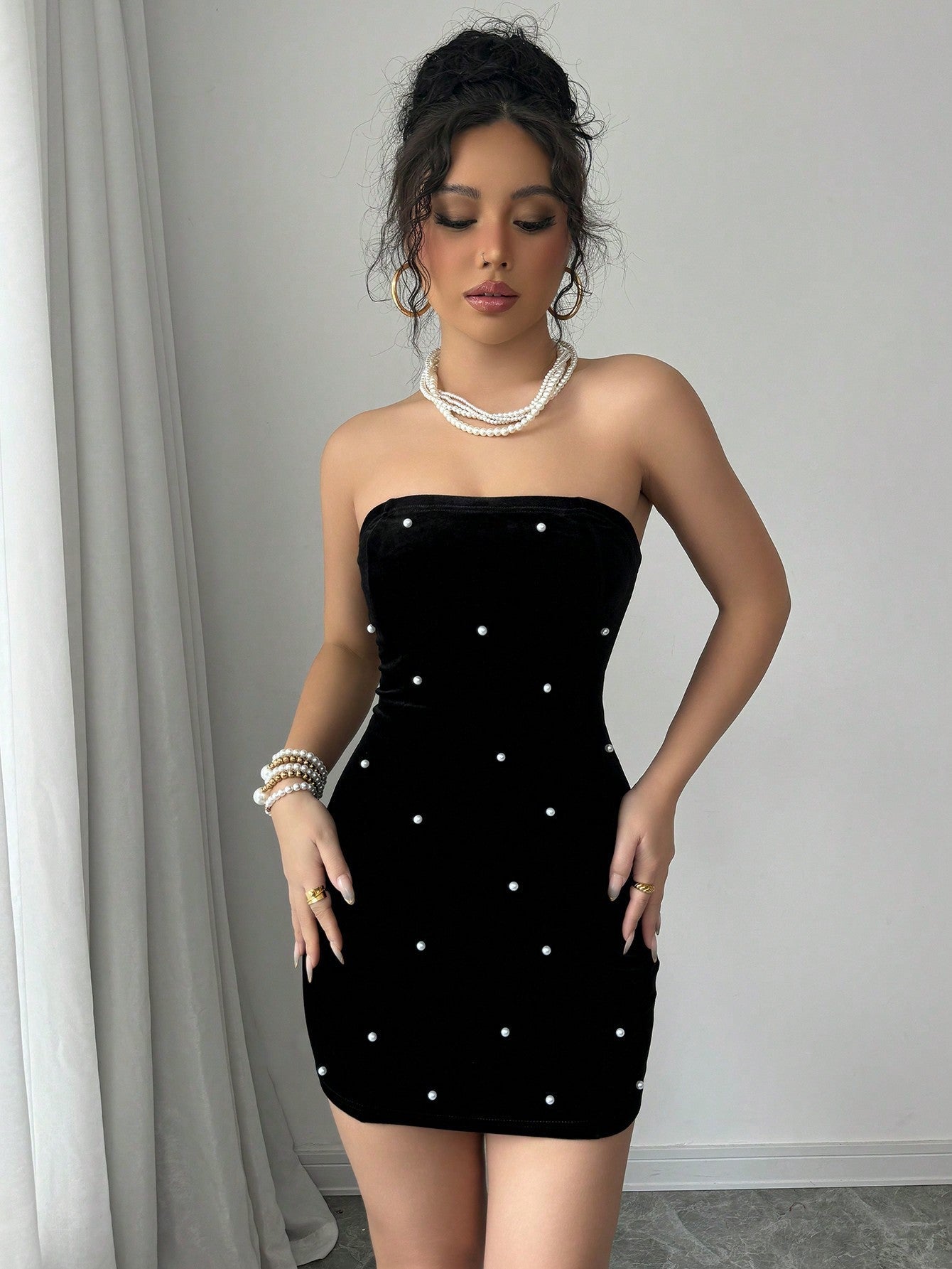 Strapless Velvet Bodycon Mini Dress with Pearl Embellishments
