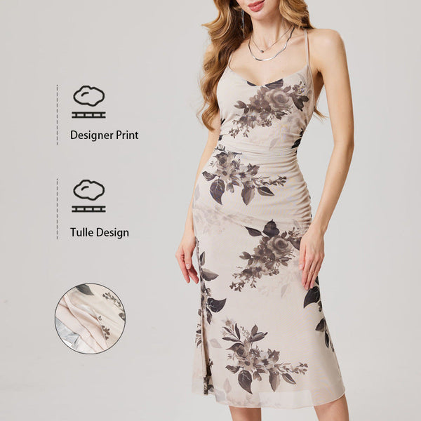 Floral Print Tulle Maxi Dress with Ruched Waist