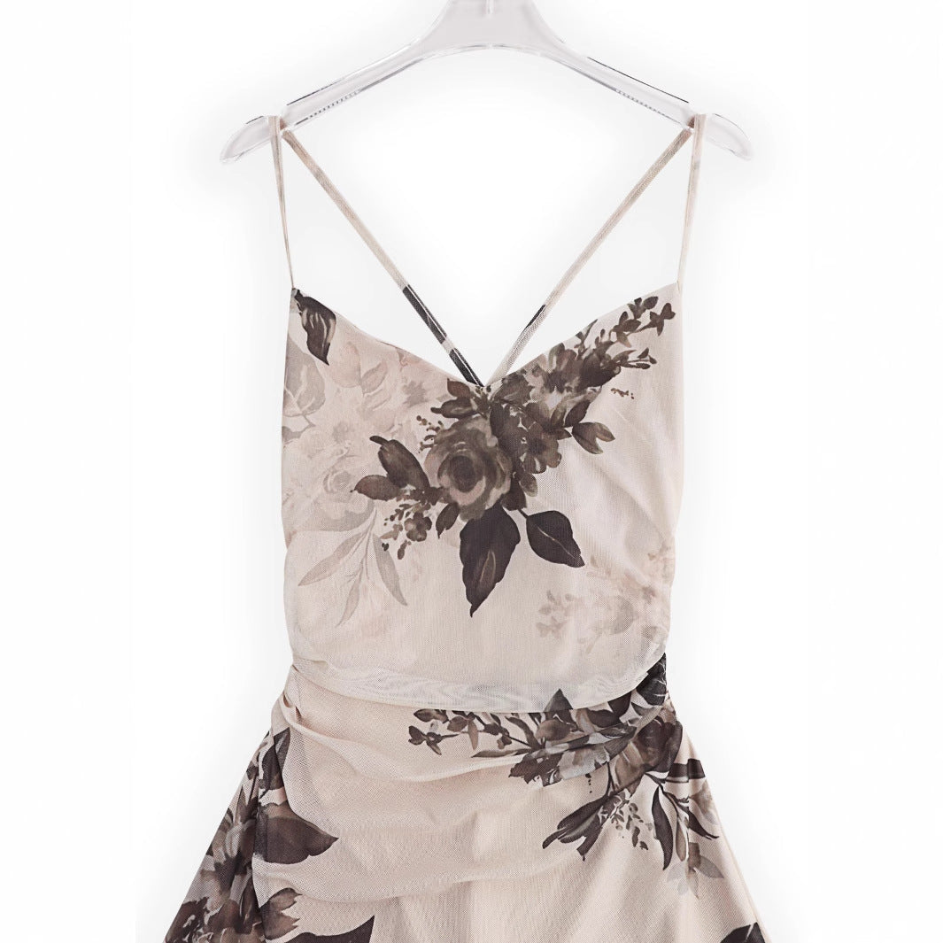 Floral Print Tulle Maxi Dress with Ruched Waist