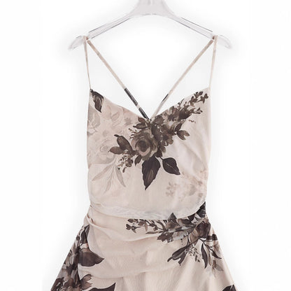 Floral Print Tulle Maxi Dress with Ruched Waist