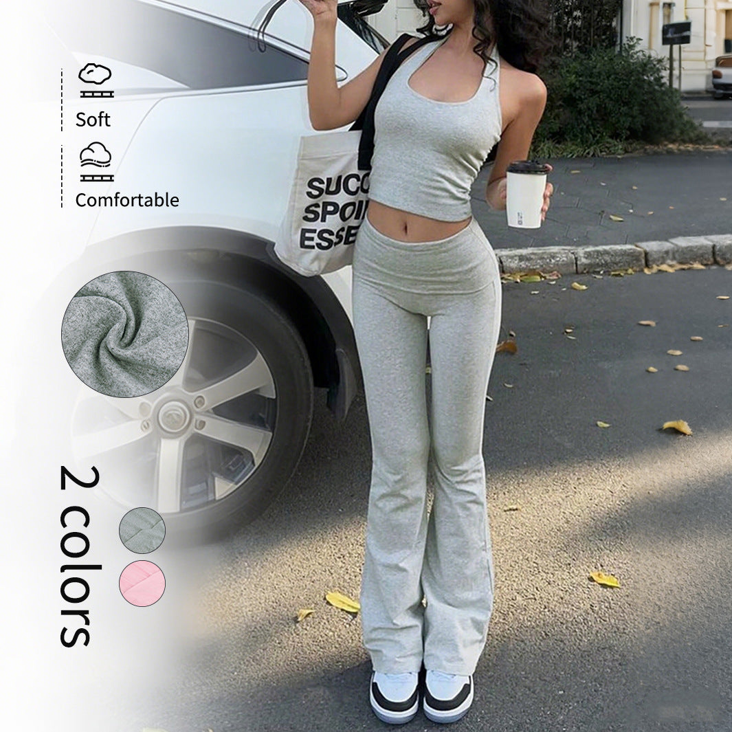 Backless Halter Top and Slim Flared Pants Set