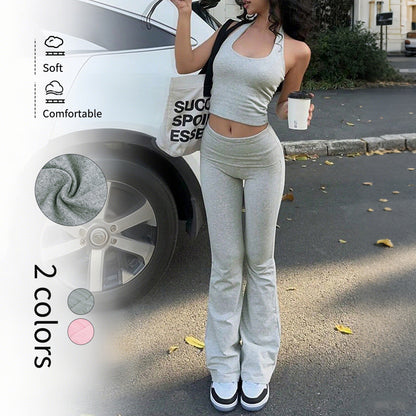 Backless Halter Top and Slim Flared Pants Set