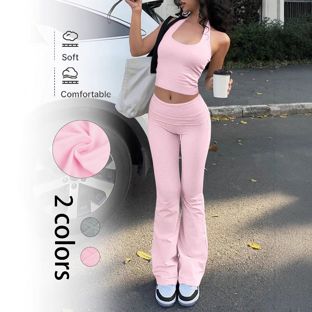 Backless Halter Top and Slim Flared Pants Set