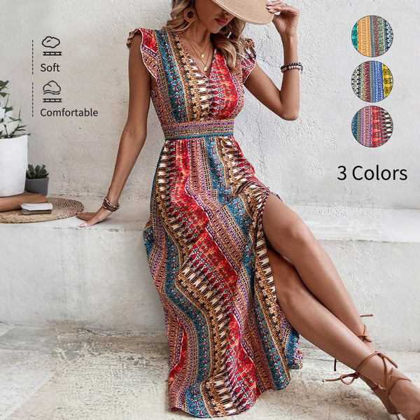 Geometric Print A-Line Maxi Dress with V-Neck and Flutter Sleeves