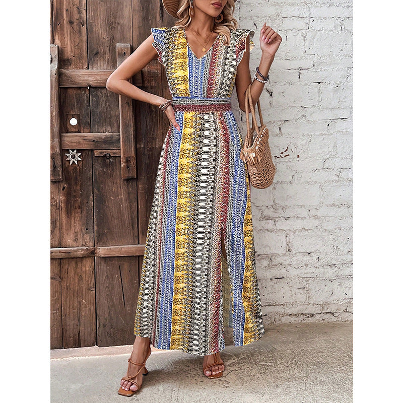 Geometric Print A-Line Maxi Dress with V-Neck and Flutter Sleeves