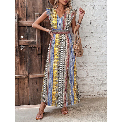 Geometric Print A-Line Maxi Dress with V-Neck and Flutter Sleeves
