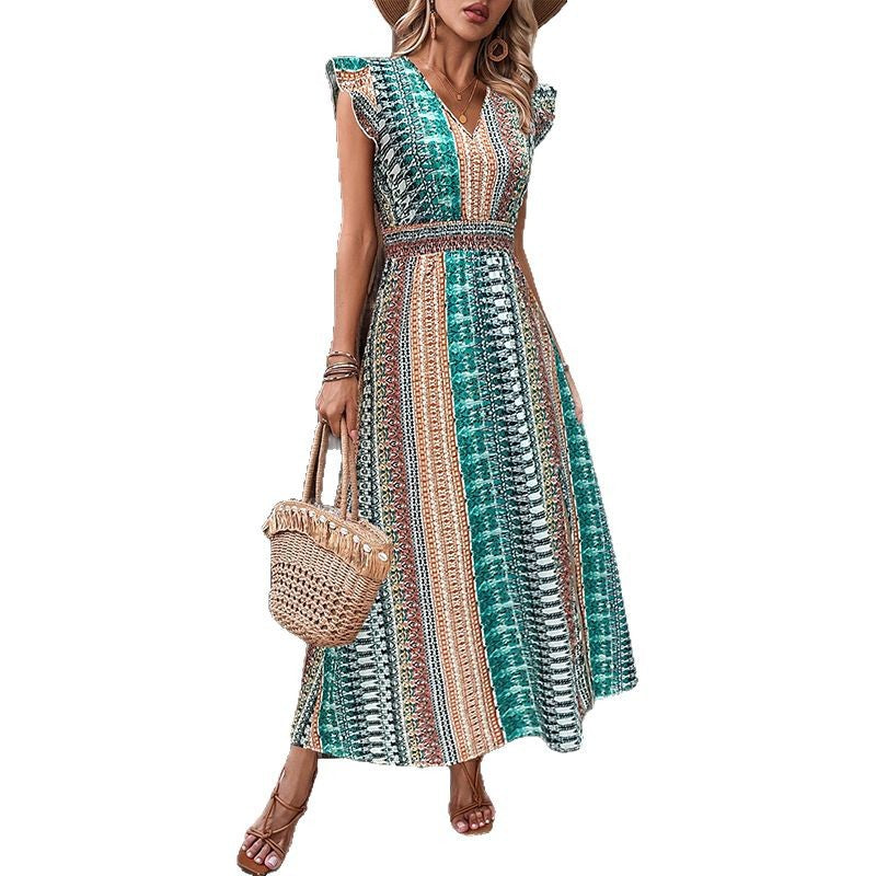 Geometric Print A-Line Maxi Dress with V-Neck and Flutter Sleeves