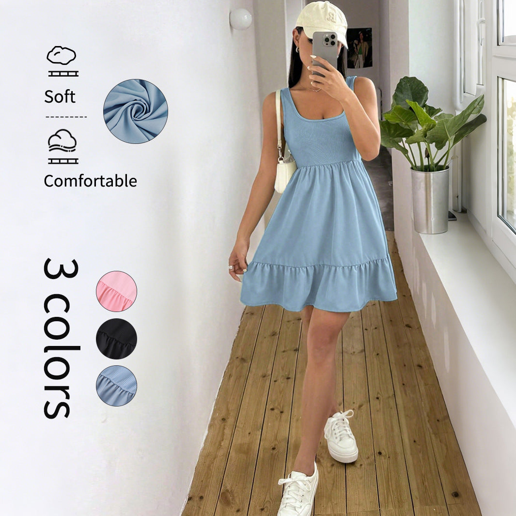 Sleeveless A-Line Mini Dress with U-Neck and Ruffled Hem