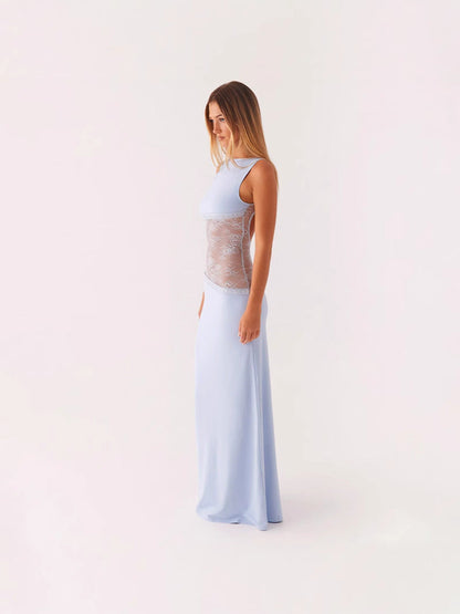 Sleeveless Backless Maxi Dress with Lace Midriff Panel