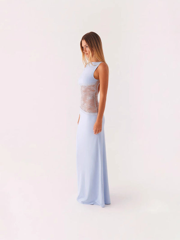 Sleeveless Backless Maxi Dress with Lace Midriff Panel