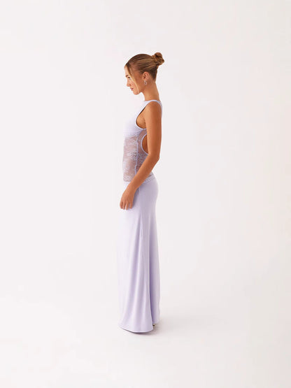 Sleeveless Backless Maxi Dress with Lace Midriff Panel