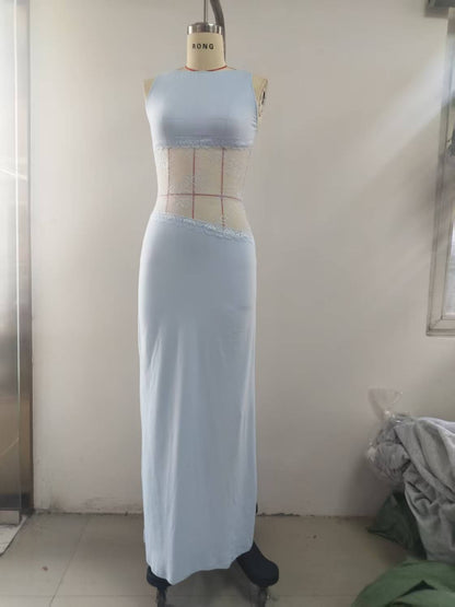 Sleeveless Backless Maxi Dress with Lace Midriff Panel