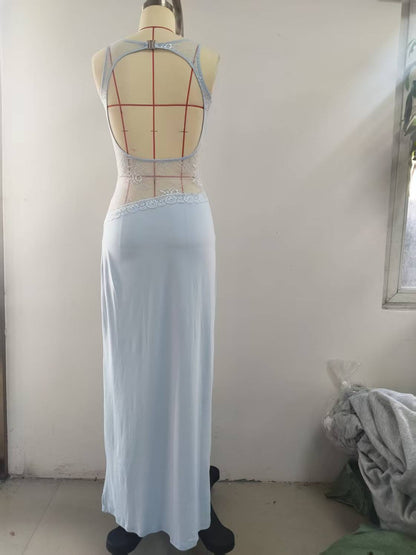 Sleeveless Backless Maxi Dress with Lace Midriff Panel