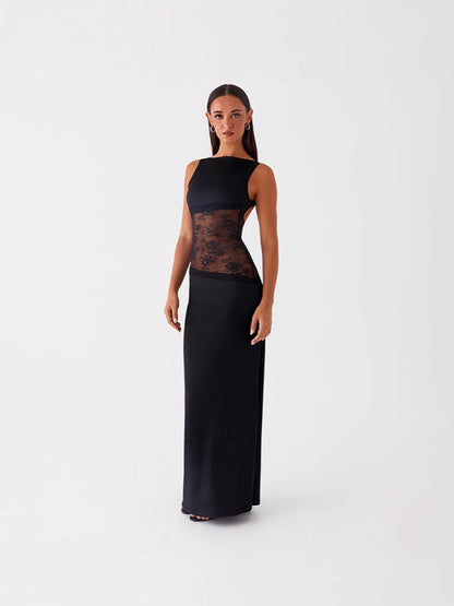 Sleeveless Backless Maxi Dress with Lace Midriff Panel