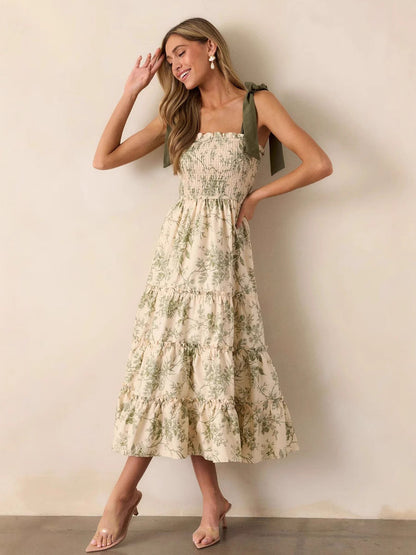 Tiered Floral Midi Dress with Smocked Bodice and Tie Straps
