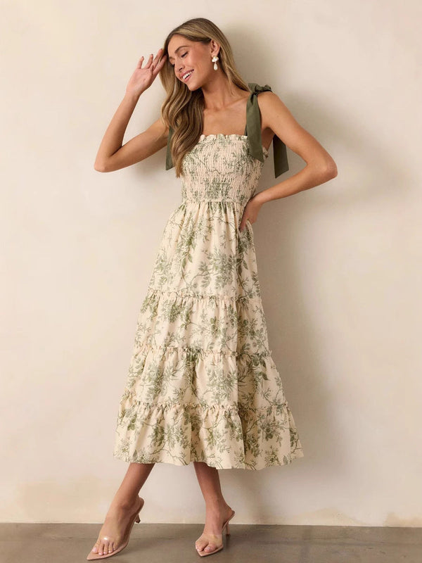 Tiered Floral Midi Dress with Smocked Bodice and Tie Straps