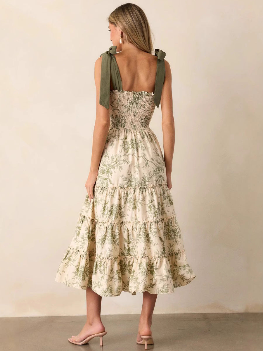 Tiered Floral Midi Dress with Smocked Bodice and Tie Straps