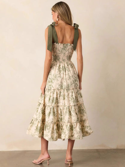 Tiered Floral Midi Dress with Smocked Bodice and Tie Straps