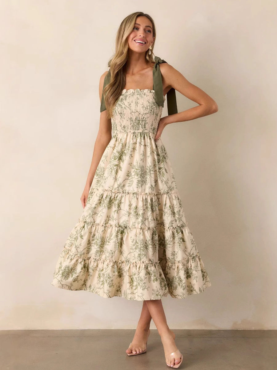 Tiered Floral Midi Dress with Smocked Bodice and Tie Straps