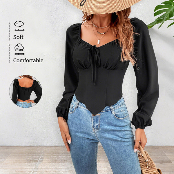 Slim Fit Lantern Sleeve Top with Square Neck and Tie Detail