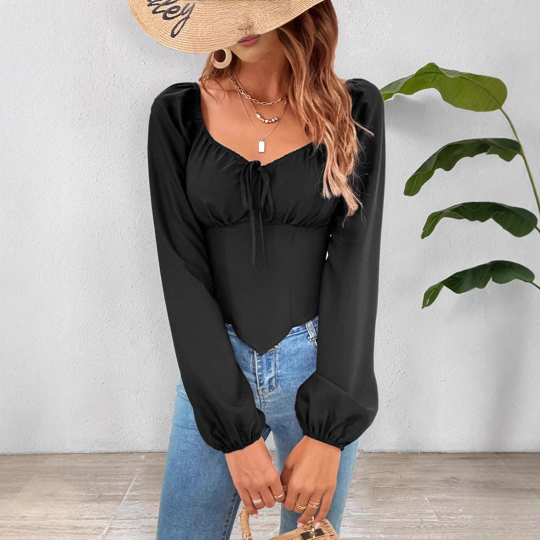 Slim Fit Lantern Sleeve Top with Square Neck and Tie Detail