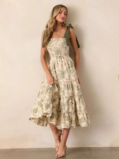 Tiered Floral Midi Dress with Smocked Bodice and Tie Straps