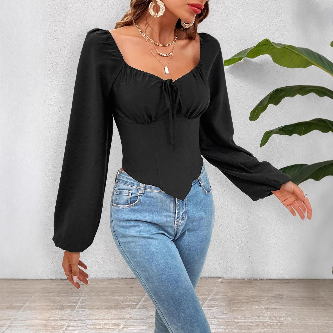 Slim Fit Lantern Sleeve Top with Square Neck and Tie Detail
