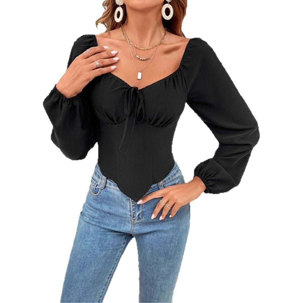 Slim Fit Lantern Sleeve Top with Square Neck and Tie Detail