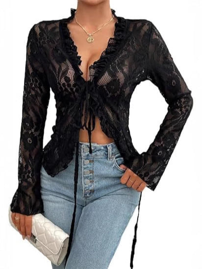 Sheer Lace Tie-Front Cardigan with Ruffle Trim