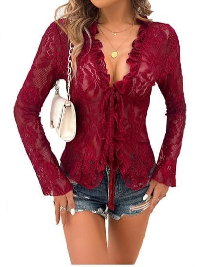 Sheer Lace Tie-Front Cardigan with Ruffle Trim
