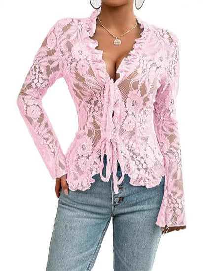 Sheer Lace Tie-Front Cardigan with Ruffle Trim