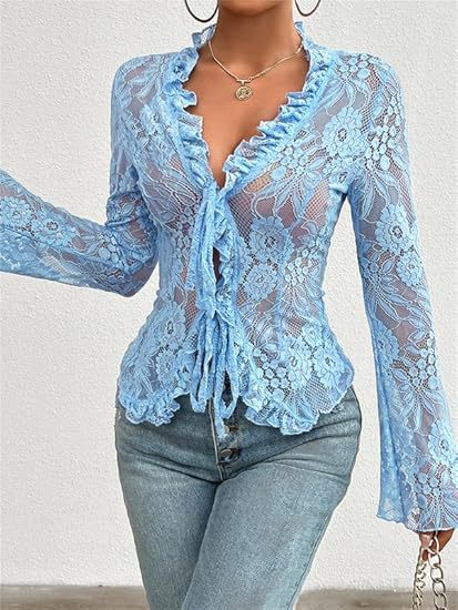 Sheer Lace Tie-Front Cardigan with Ruffle Trim
