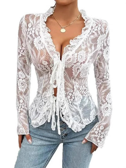 Sheer Lace Tie-Front Cardigan with Ruffle Trim
