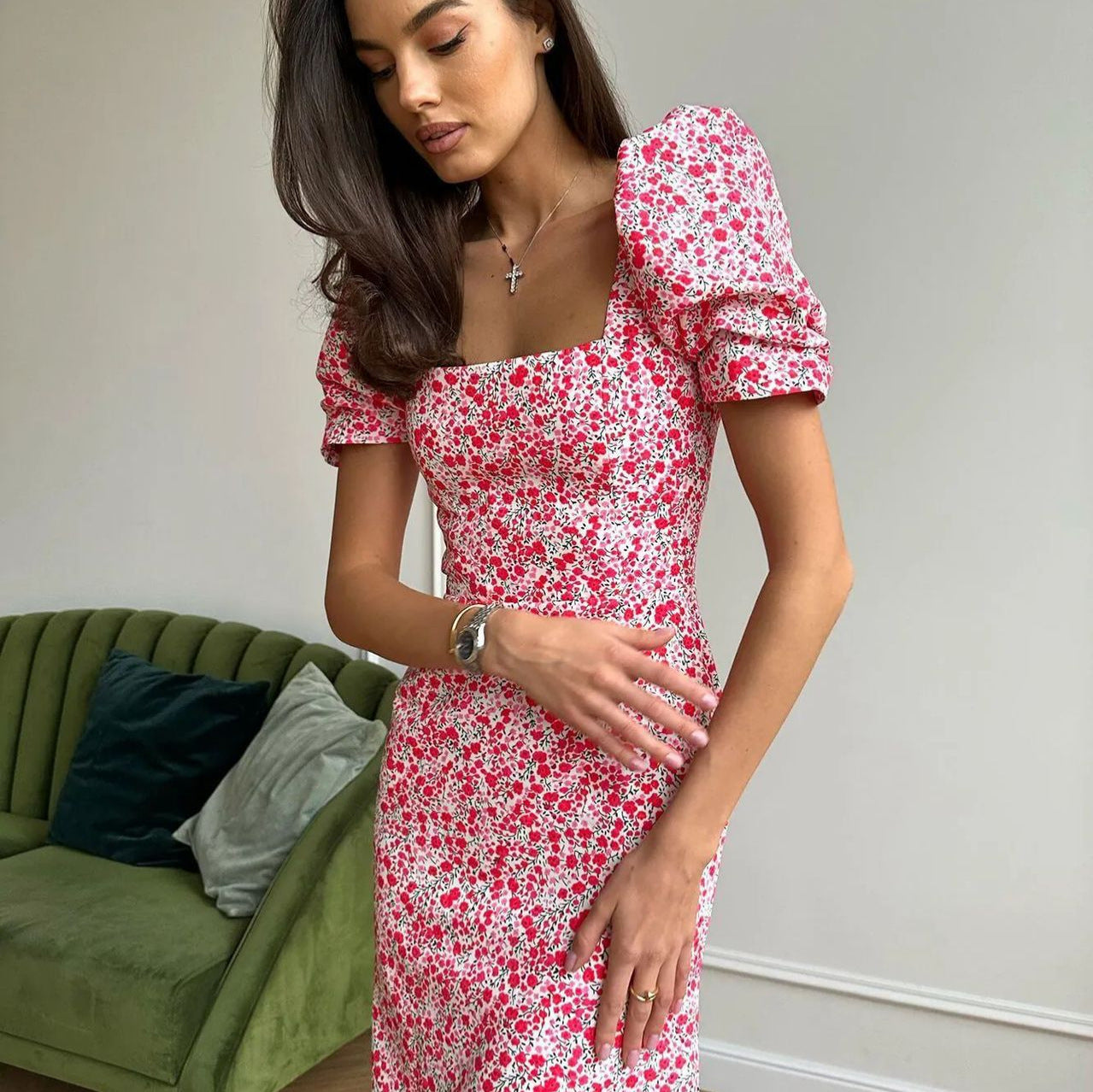 Ditsy Floral A-Line Dress with Square Neck and Puff Sleeves