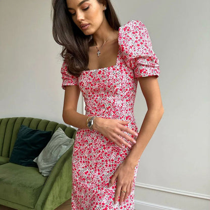 Ditsy Floral A-Line Dress with Square Neck and Puff Sleeves