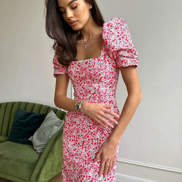 Ditsy Floral A-Line Dress with Square Neck and Puff Sleeves