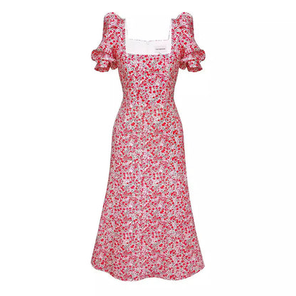 Ditsy Floral A-Line Dress with Square Neck and Puff Sleeves