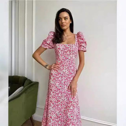 Ditsy Floral A-Line Dress with Square Neck and Puff Sleeves
