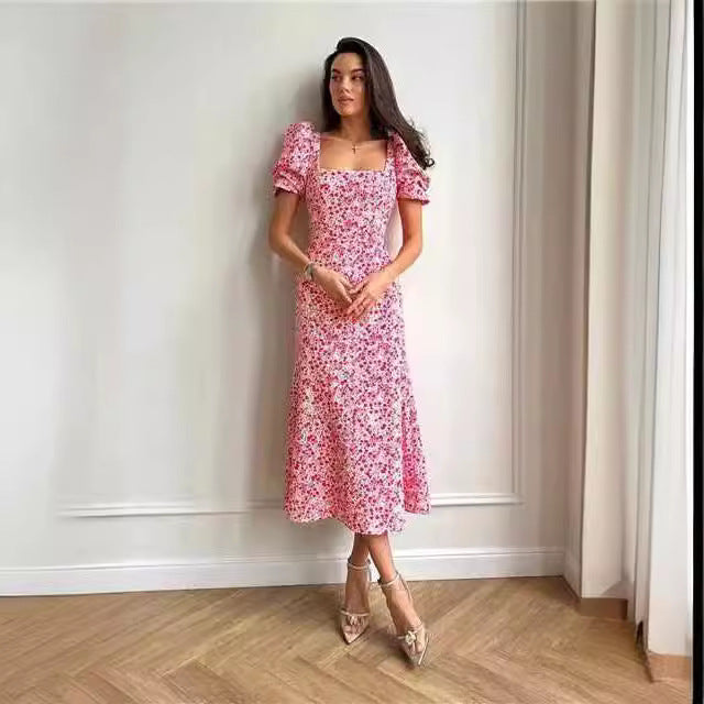 Ditsy Floral A-Line Dress with Square Neck and Puff Sleeves