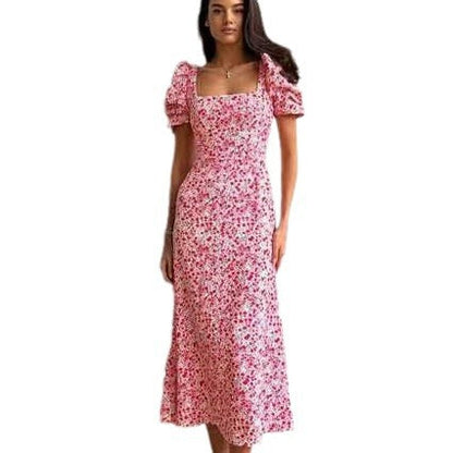 Ditsy Floral A-Line Dress with Square Neck and Puff Sleeves