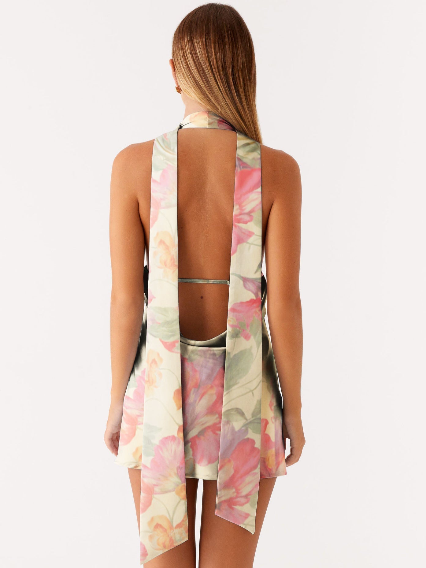 Halter Mini Dress with V-Neck and Backless Sash Detail