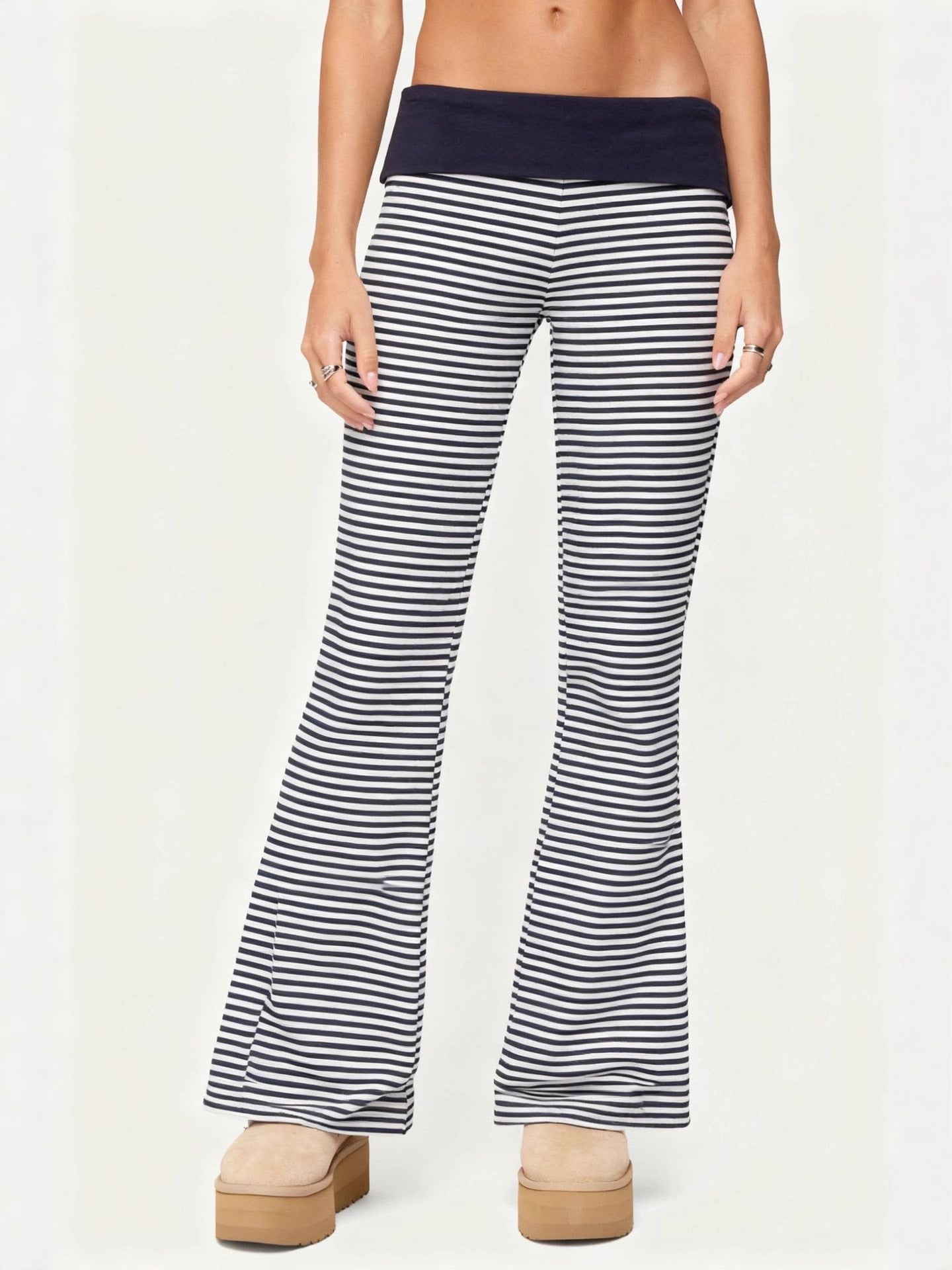 Striped Micro-Flared Trousers with Fold-Over Waistband