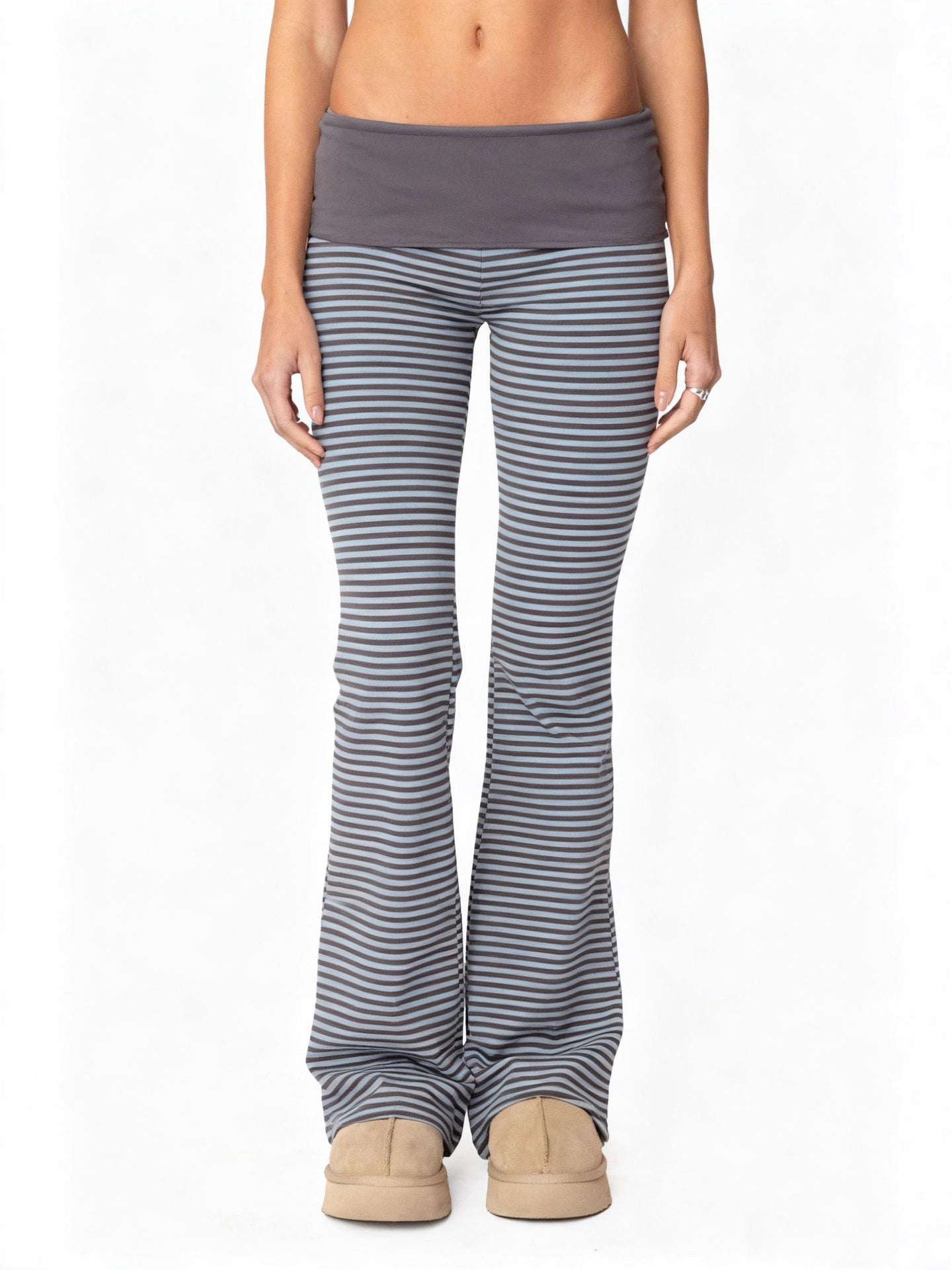 Striped Micro-Flared Trousers with Fold-Over Waistband