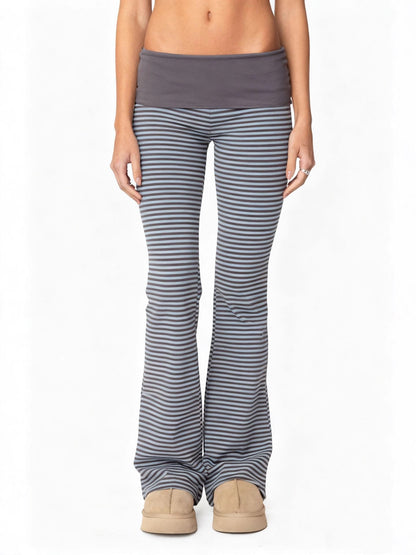 Striped Micro-Flared Trousers with Fold-Over Waistband