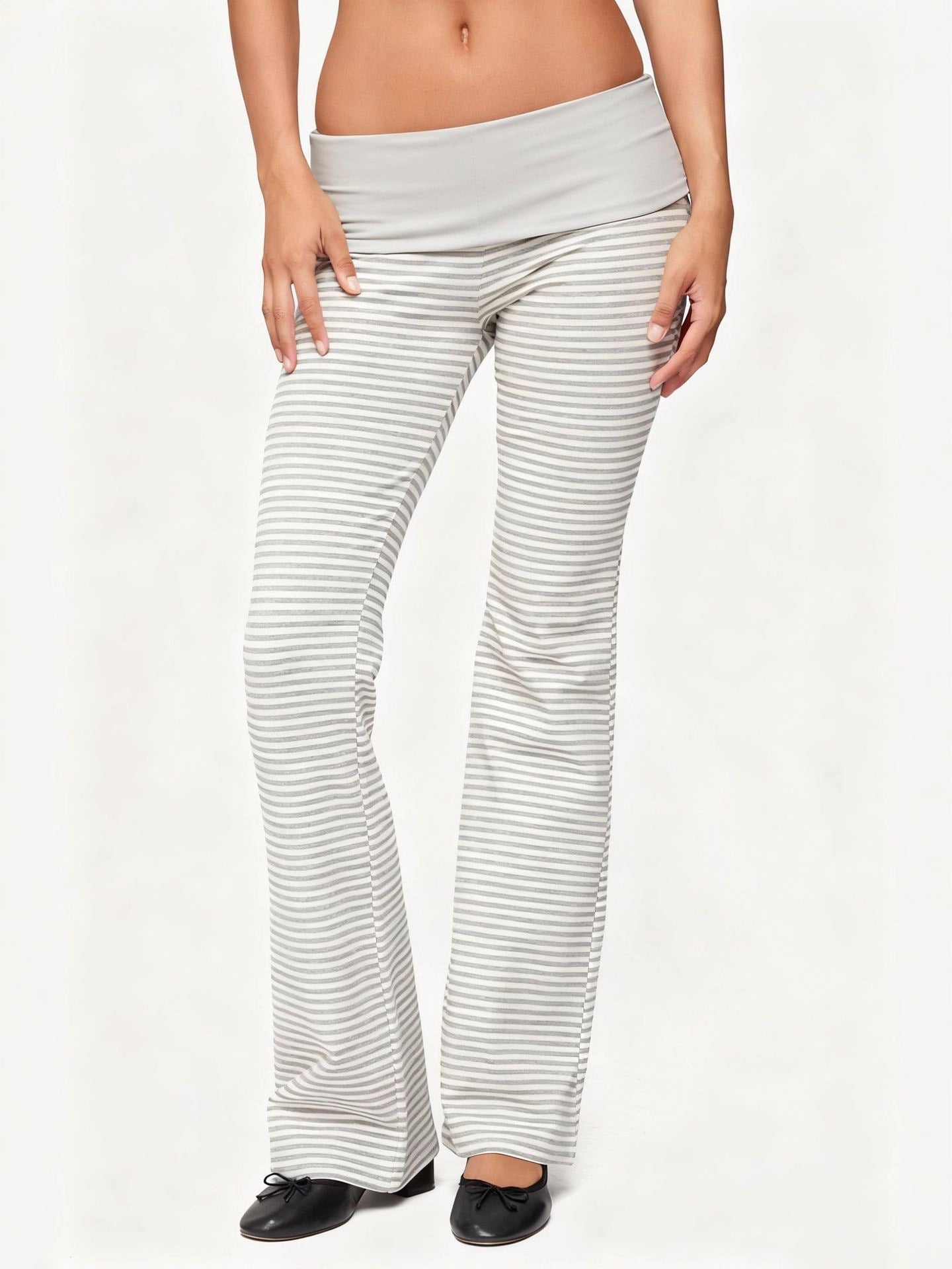 Striped Micro-Flared Trousers with Fold-Over Waistband