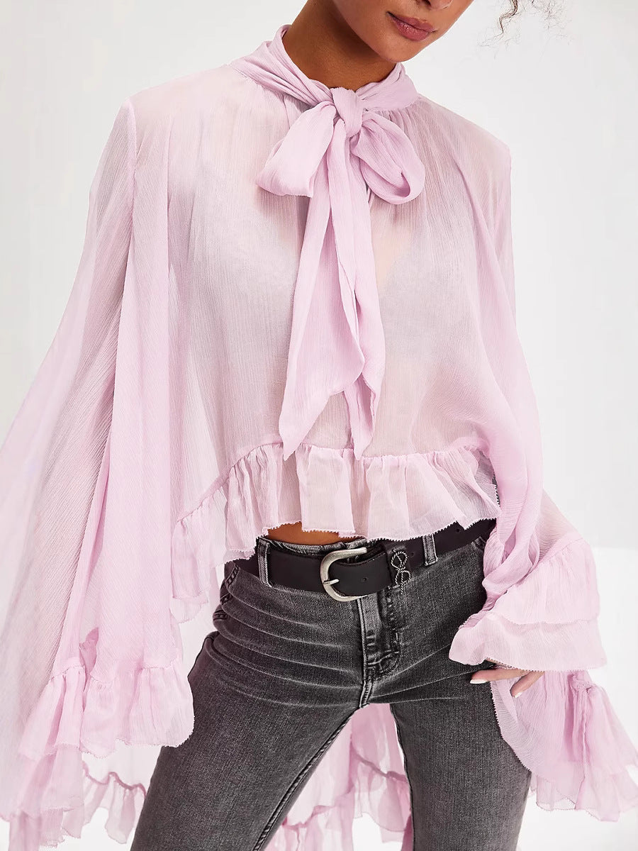 Sheer Chiffon Blouse with Tie-Neck and Ruffled Bell Sleeves