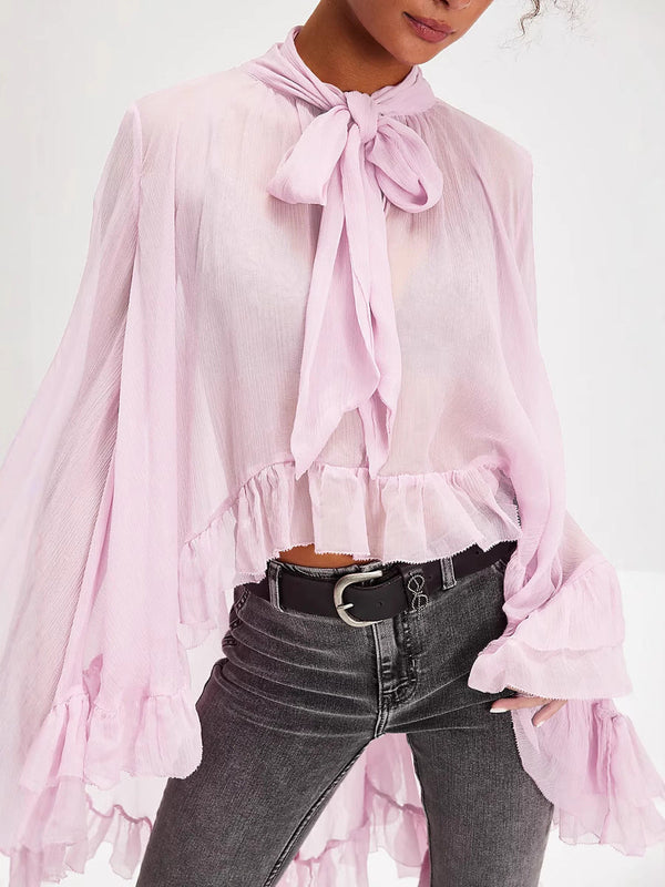 Sheer Chiffon Blouse with Tie-Neck and Ruffled Bell Sleeves