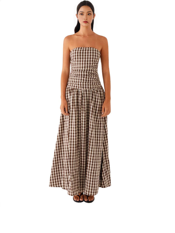 Strapless Ruched Maxi Dress with Dropped Waist